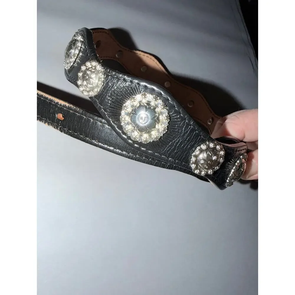 Vintage black leather rhinestone accent country western belt 34 USA made cowboy